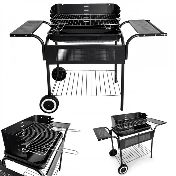 Kerti grill, fém polcokkal, állítható rács, görgők