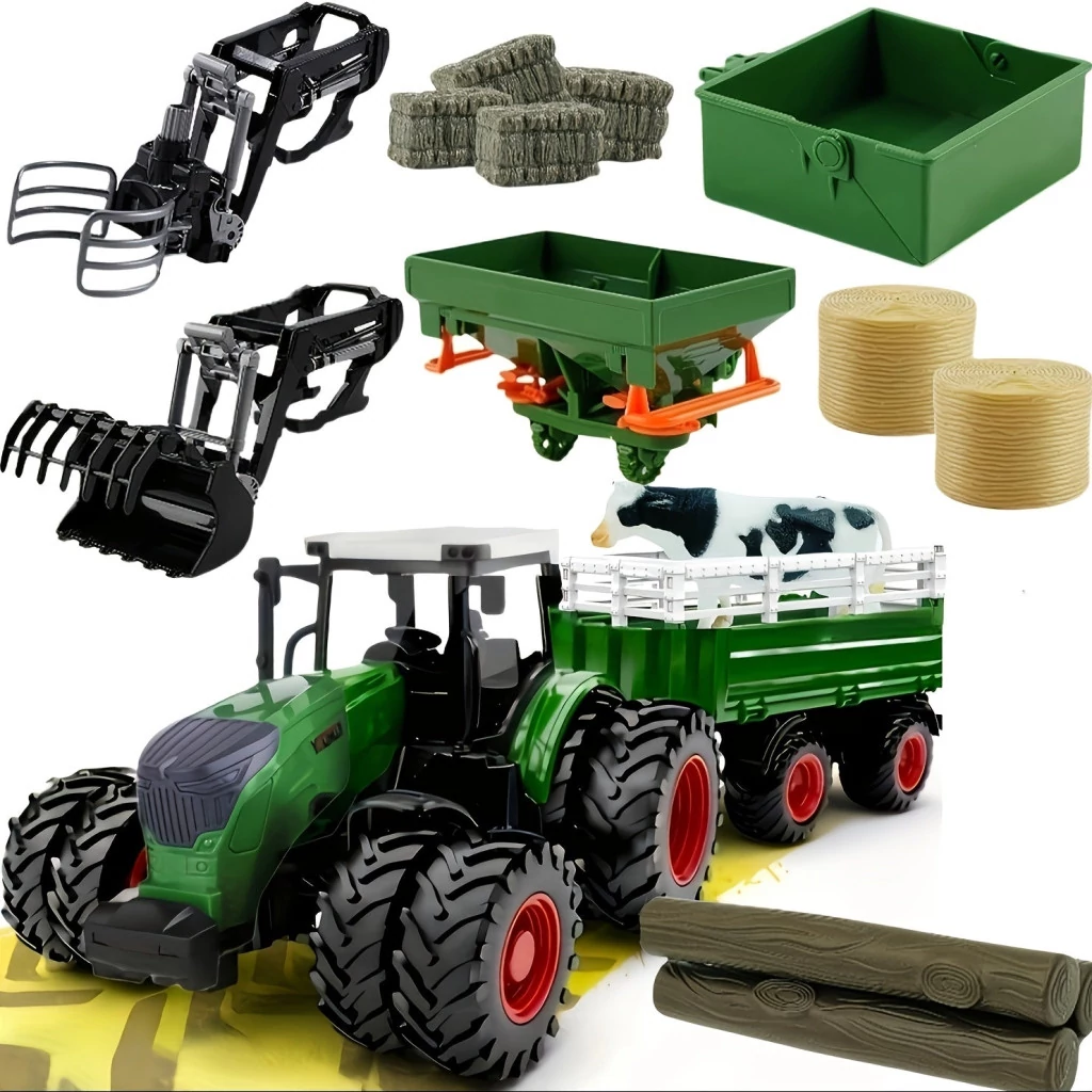 41,91 cm-es 1/24-es méretarányú farm traktor játékkészlet pótkocsival